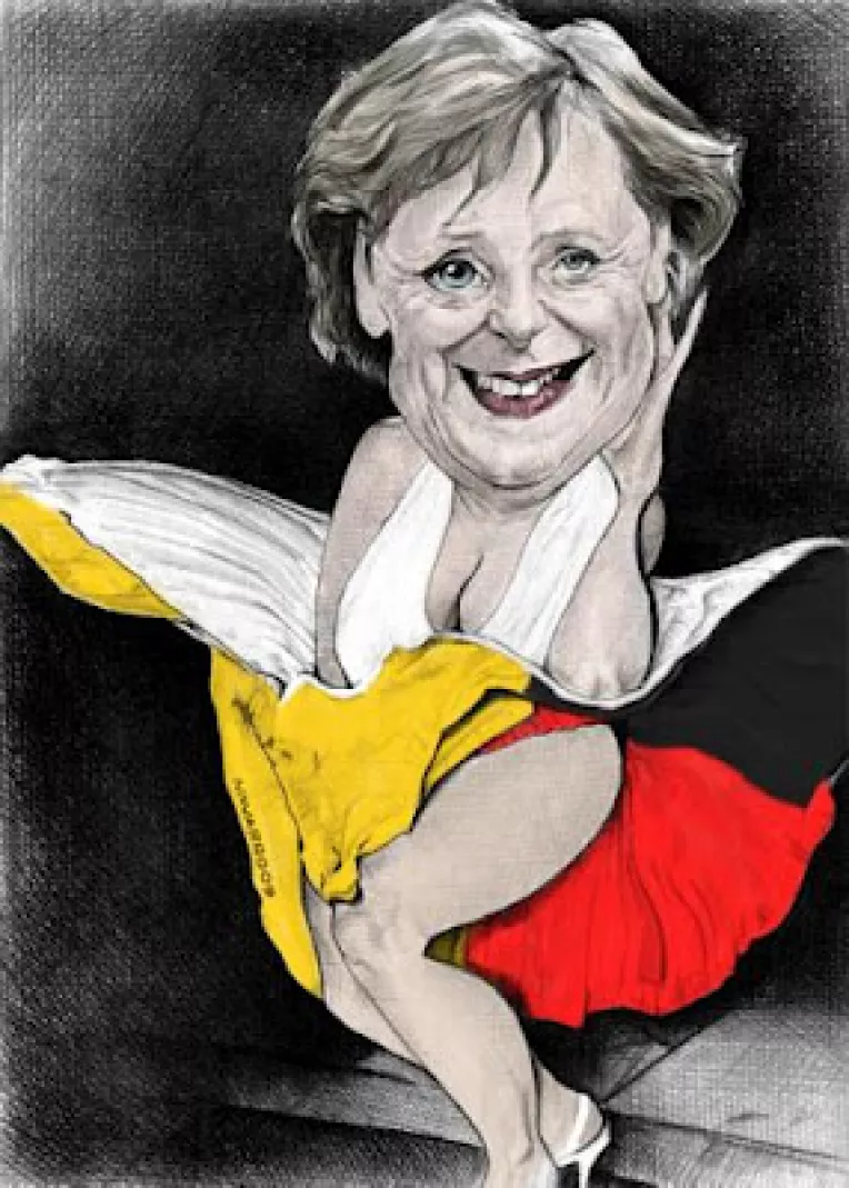 Doamna Merkel il ascunde pe Basescu sub fustele ei  